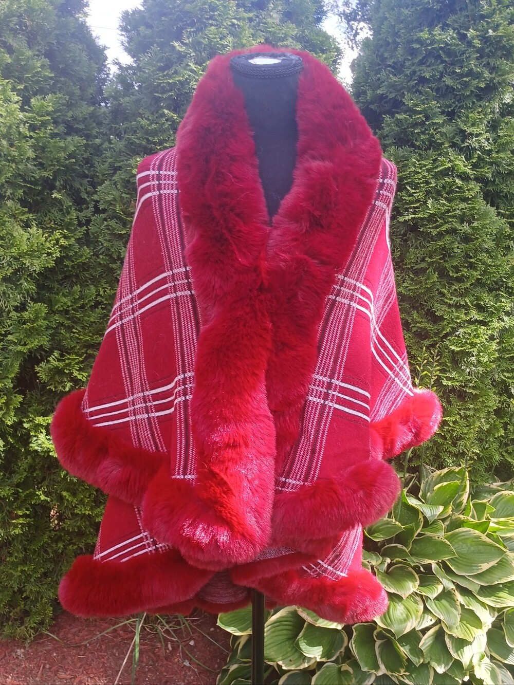 Beautiful Burgundy/Cranberry Plaid Wrap Jacket with faux fur accents